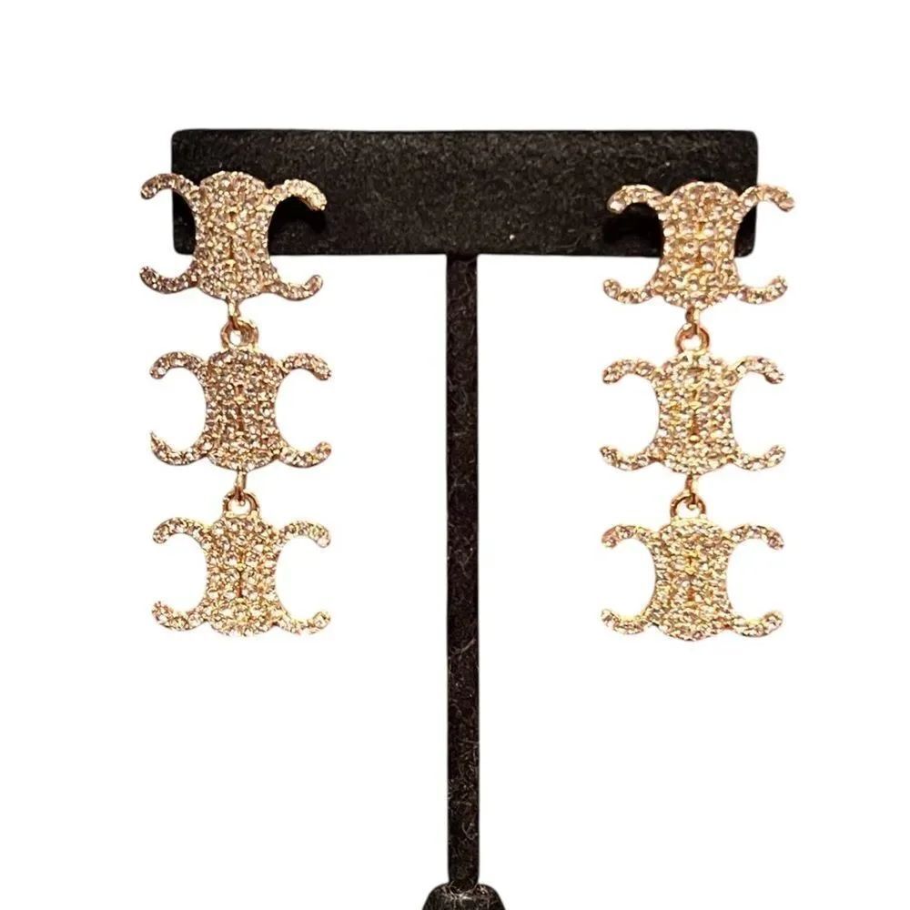💎2/$30💎 Designer Inspired Gold-Tone Crystal Logo Dangle Earrings